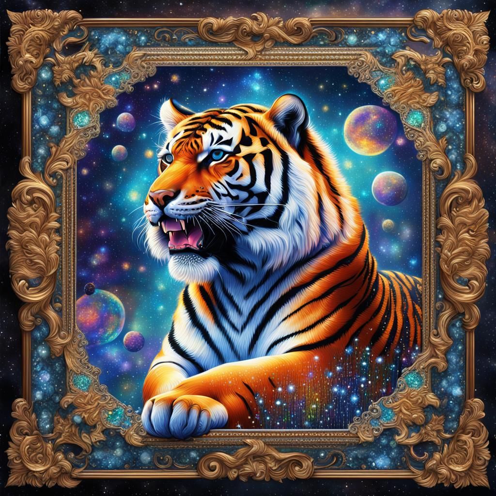 A painting with a tiger motif hangs on the wall