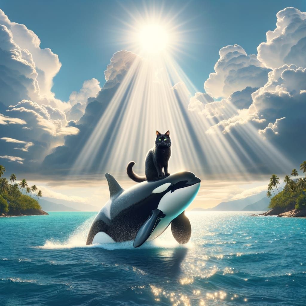 Fantasy Scene: Cat Riding Orca in Tropical Bay