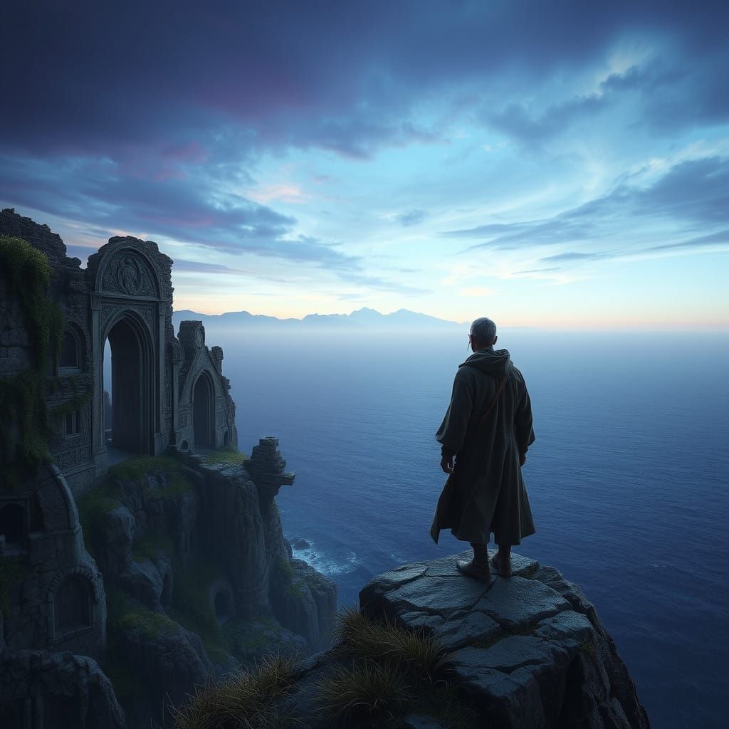 Lonely Figure Stands at Edge of Cliff, Gazing Out at Endless...