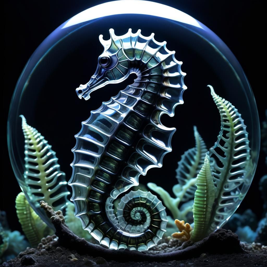 Transparent Seahorse in Glass Sphere, Giger Style