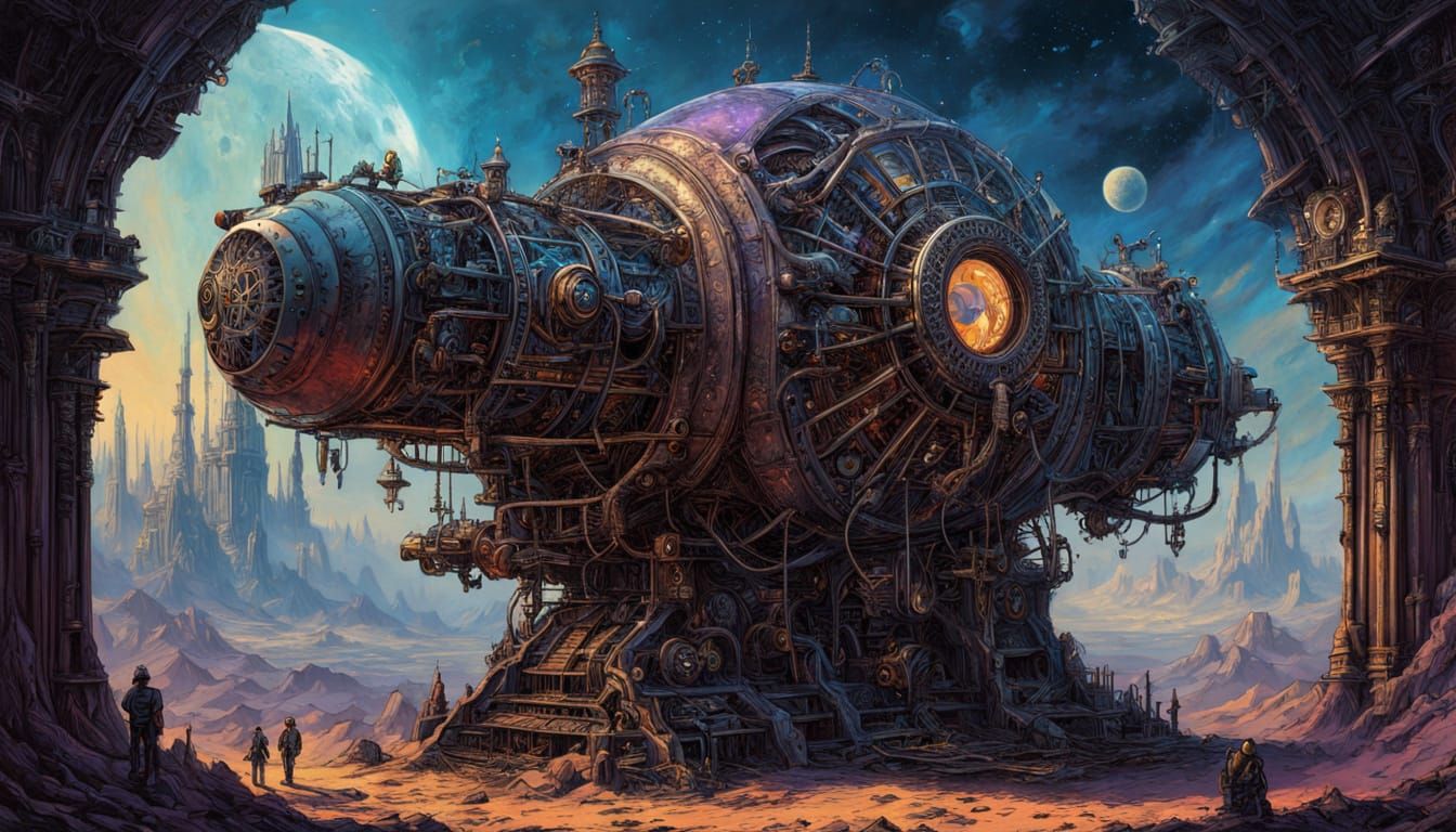 Automaton Before Cosmic Portal in Post-Apocalyptic Landscape