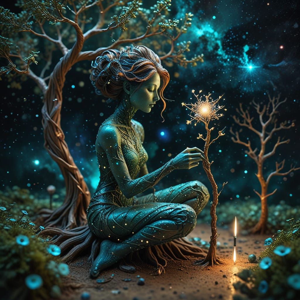 Surreal Goddess Contemplates Cosmic Pencil Sculpture