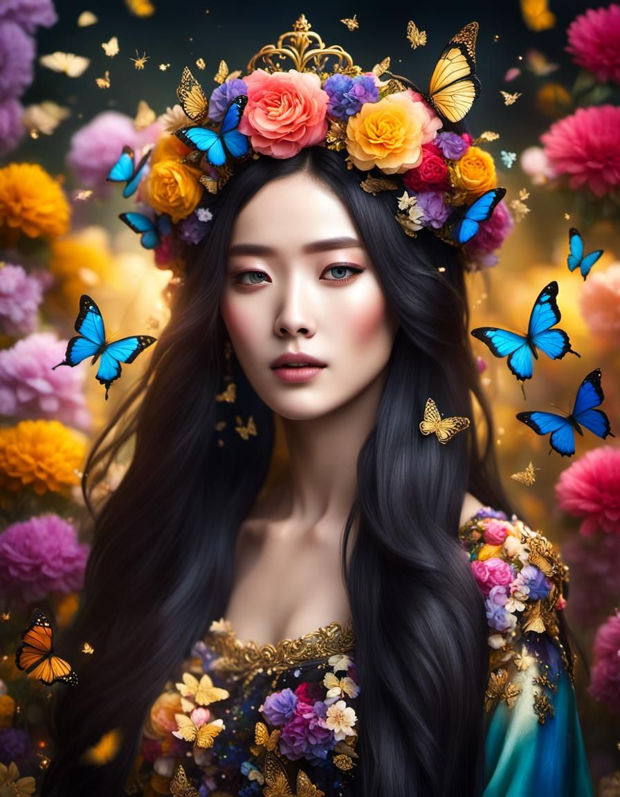 Korean Woman with Flowers: Hyperrealistic Gouache Impression