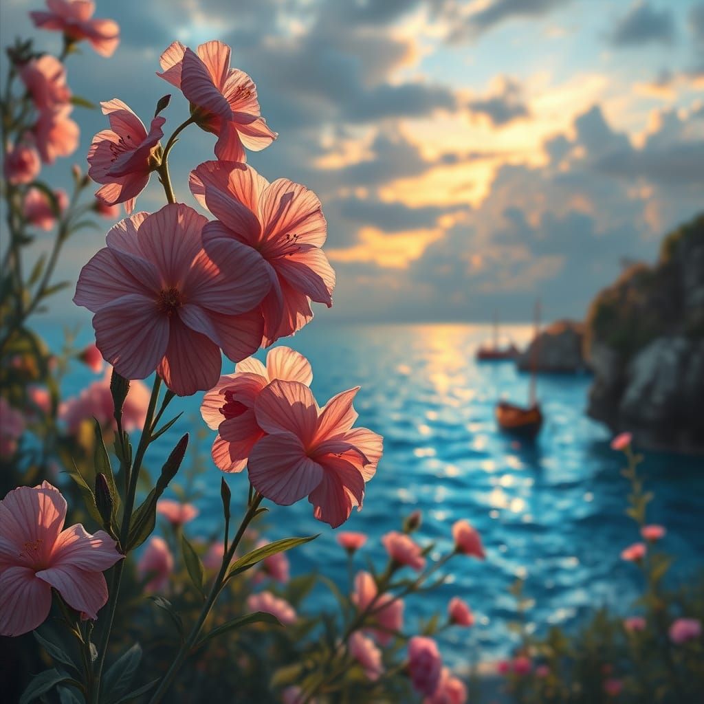 Seaside Garden at Sunrise: Acrylic Oil Painting