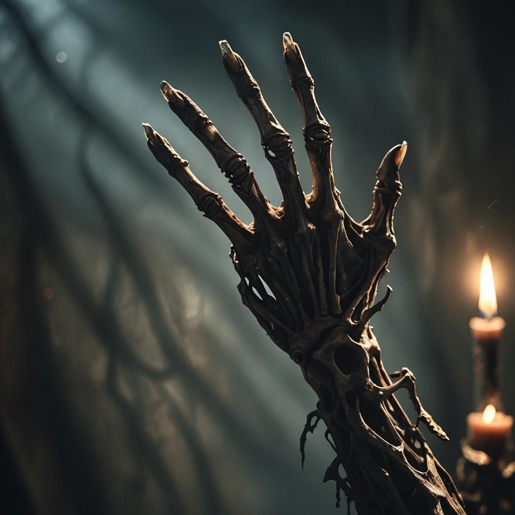 Eerie Skeletal Hand Reaching From Shadows: Dark Fantasy