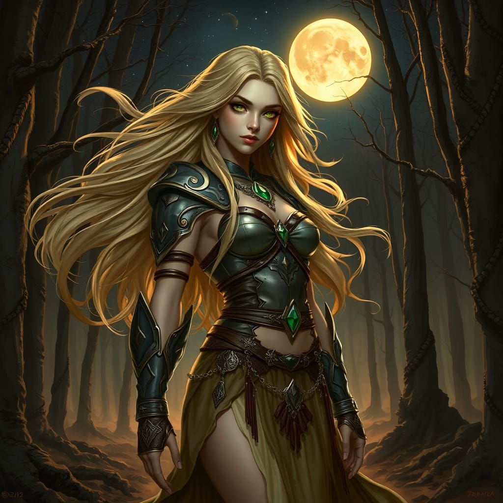 Blonde Villainess in Desolate Forest, Dark Fantasy Art