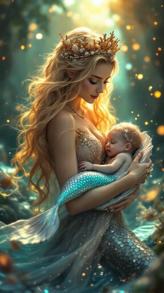 Mermaid Mother and Baby in Underwater Kingdom