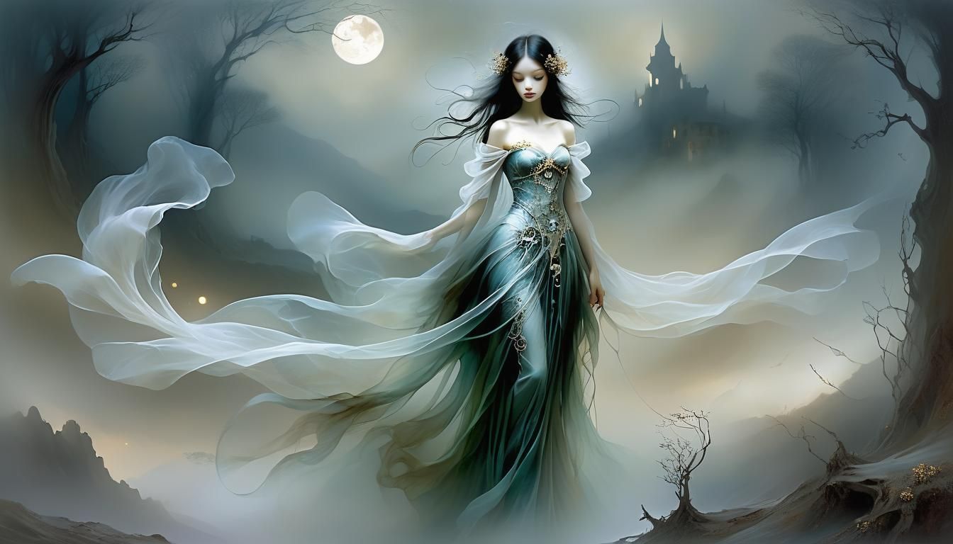 Ethereal Banshee in Foggy Moonscape, Klimt Style