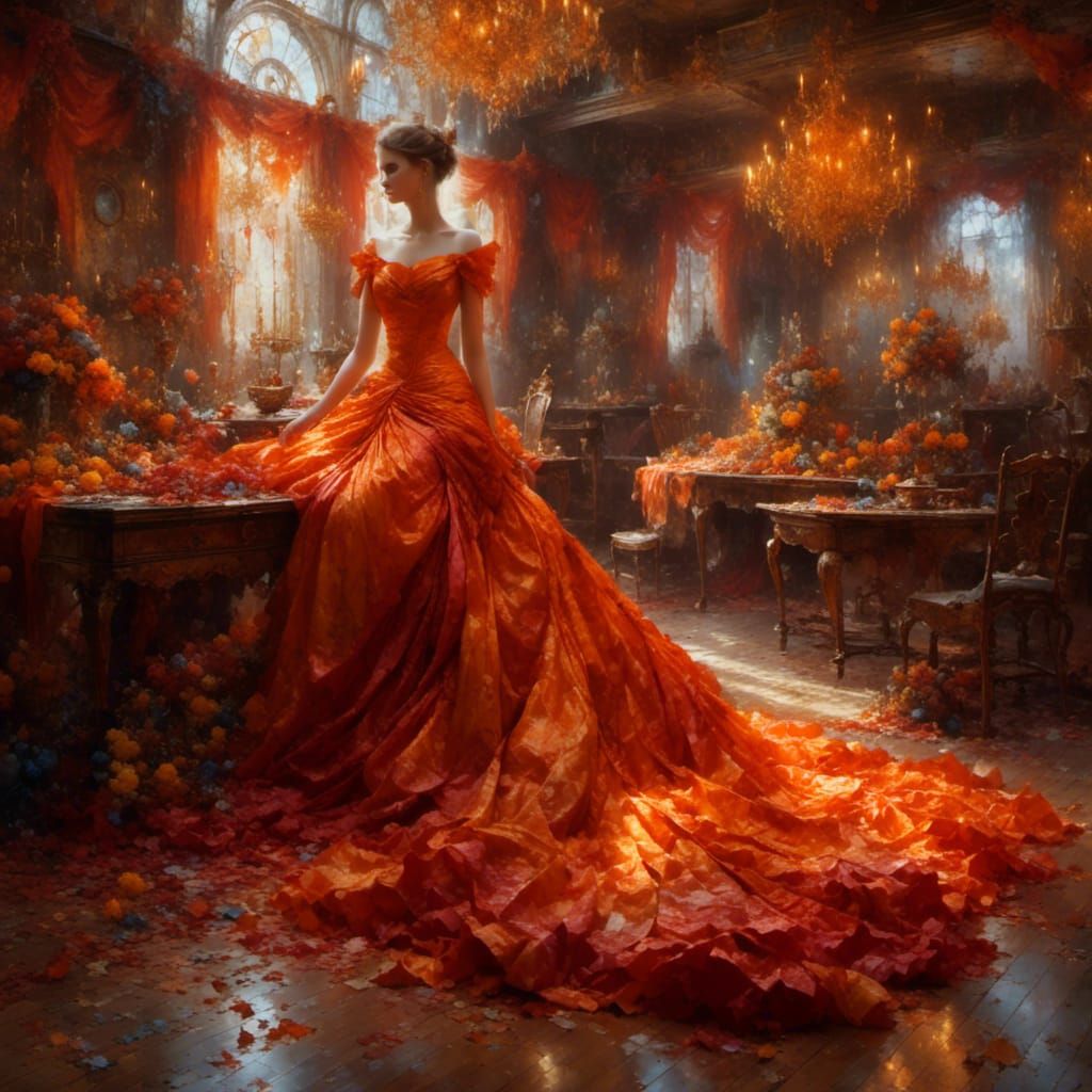 <lora:PurpleFantasy:1.0> a silk dress shop in the style of ethereal impressionism, artgerm, bright orange and fire red, ...