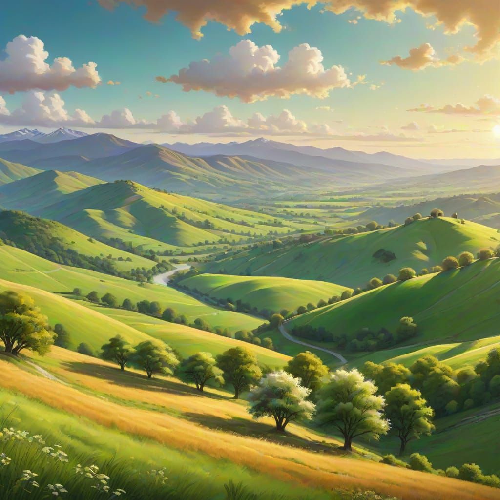 Idyllic Green Valley in Oil Painting Style