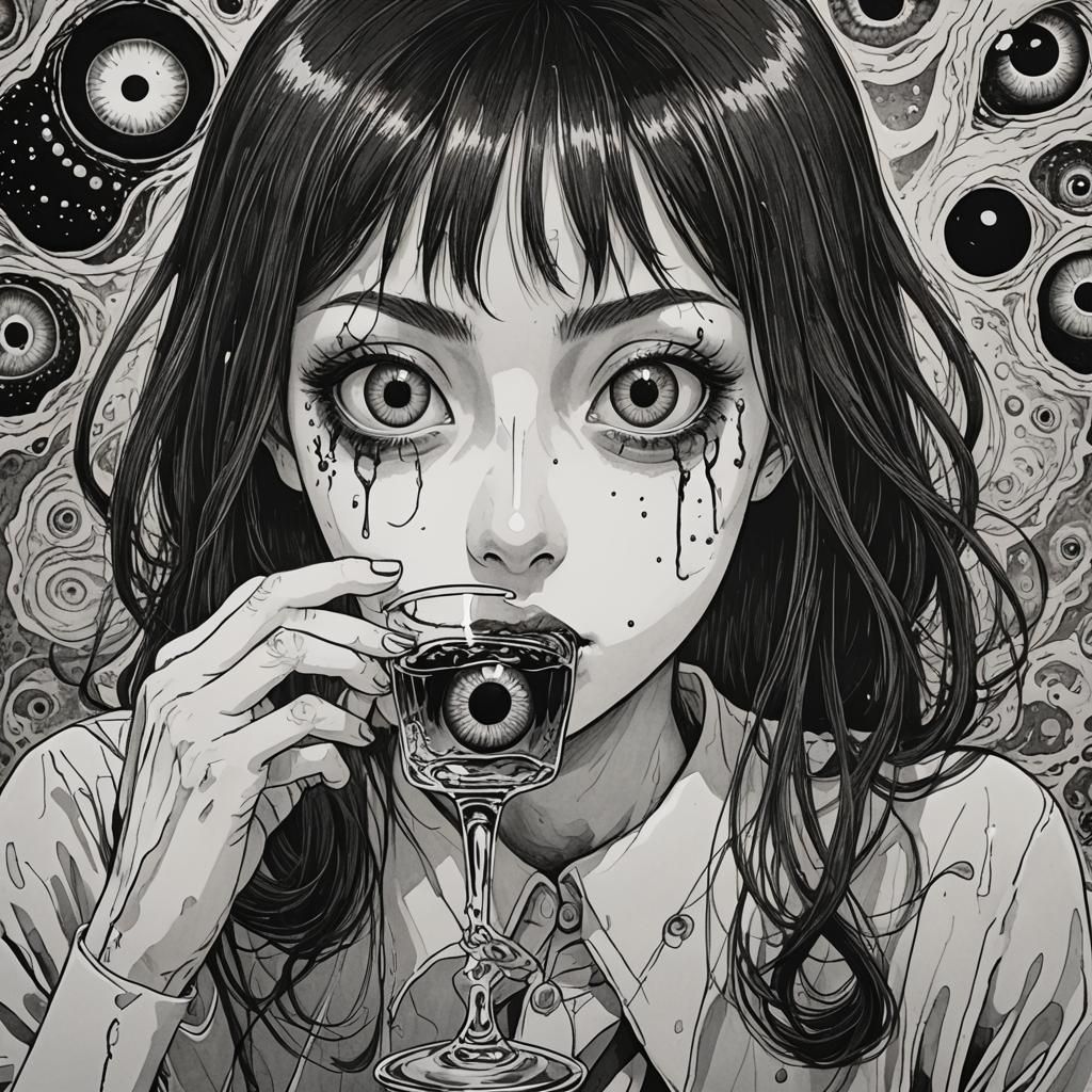 Junji Ito Style: Woman with Eyeball Drink