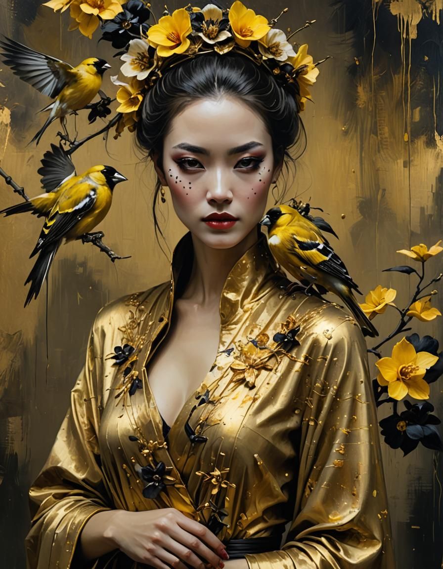 Woman with Goldfinch in Detailed Oil Painting