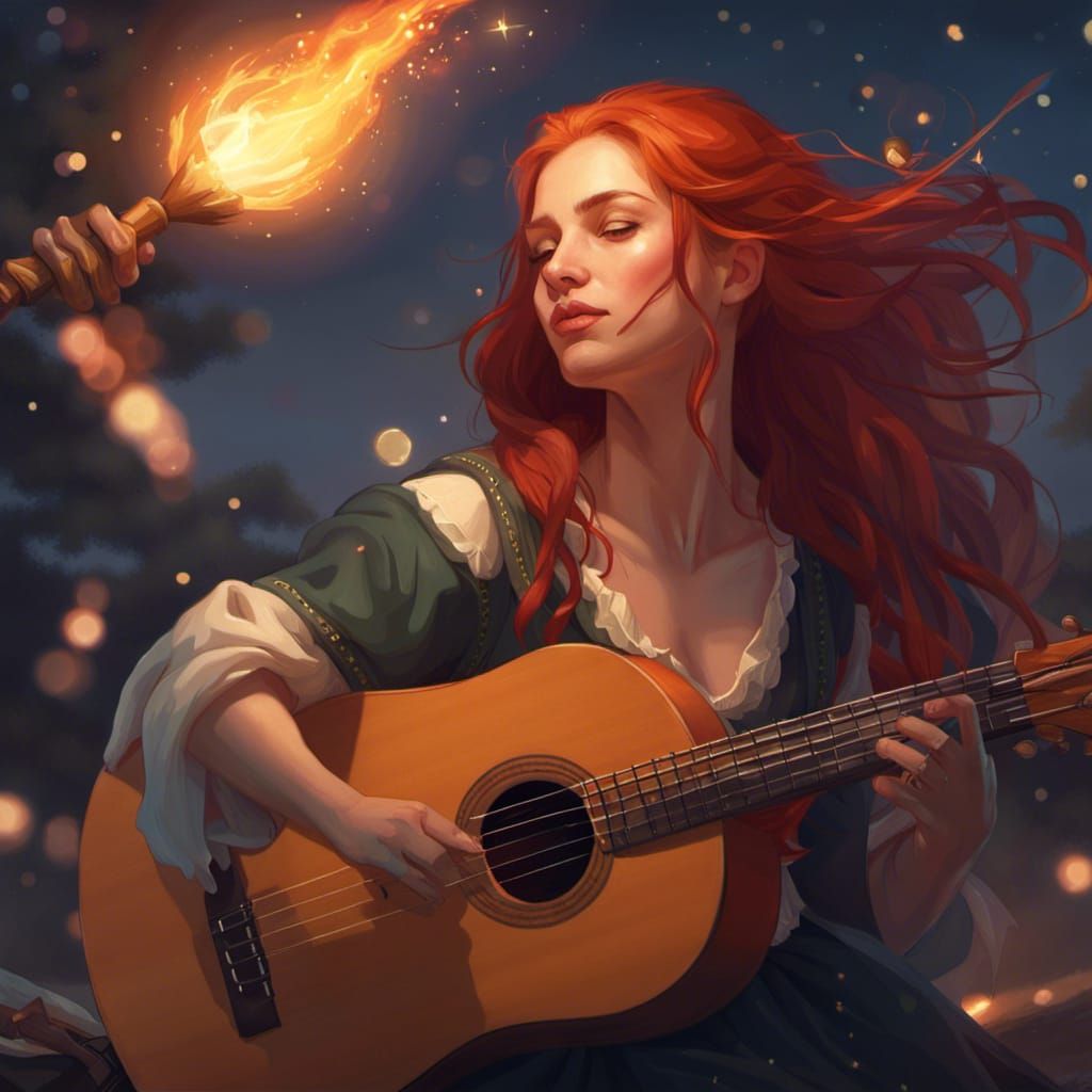 Female Bard Plays Lute Under Starry Night