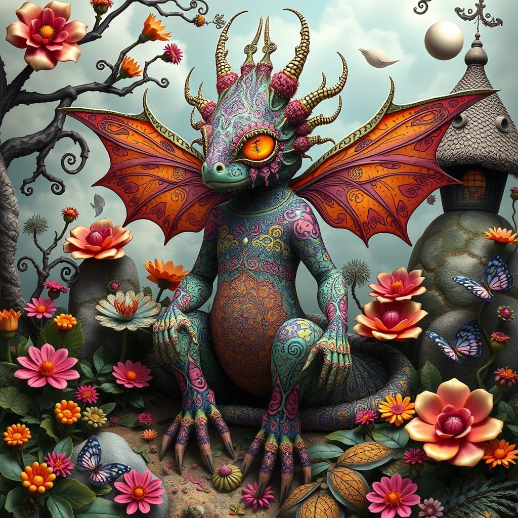 Fractal Dragon in Botanical Dreamscape, Hundertwasser Style