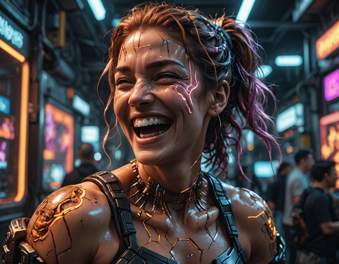 Cyberpunk Woman Laughing with Embedded Tech