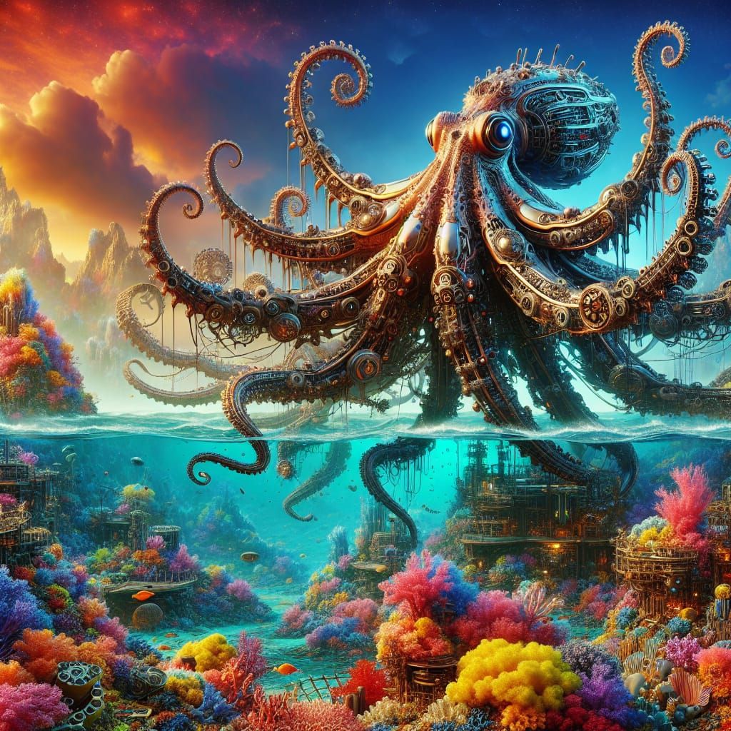 Steampunk Octopus Engine in Coral Reef