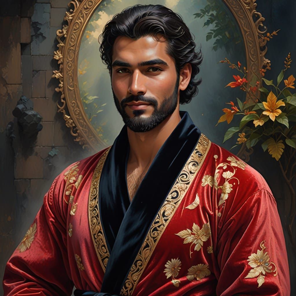 Elegant Young Man in Velvet Robe, Neo-Expressionist Oil Pain...