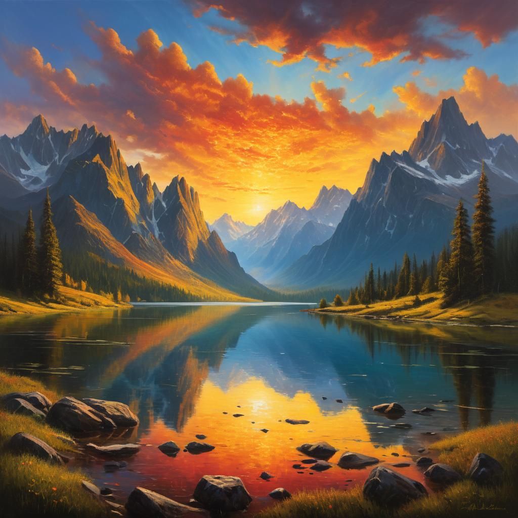 Majestic Mountain Range Oil Painting at Sunset