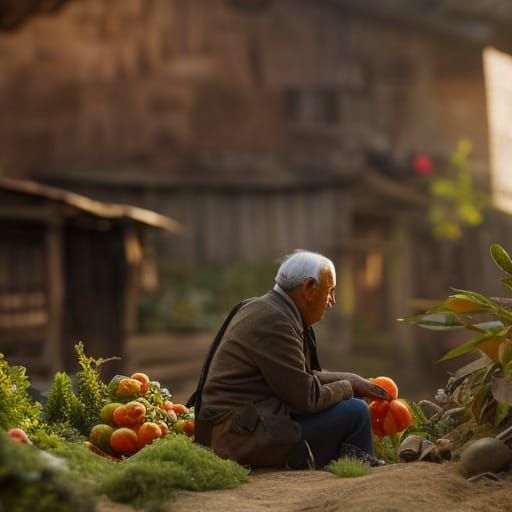 Hyperdetailed Lonely old man hunched over his urban tomato g...