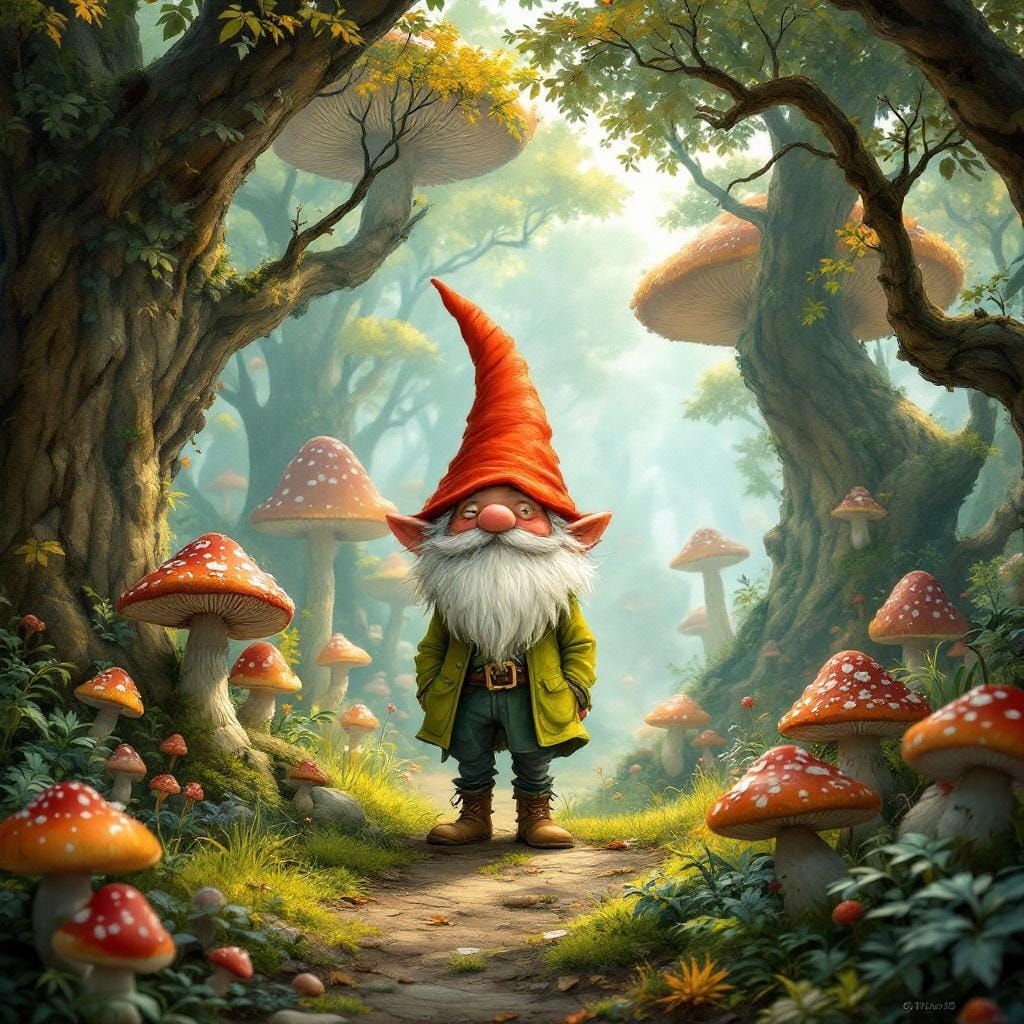 Whimsical Gnome in Mushroom Forest Illustration