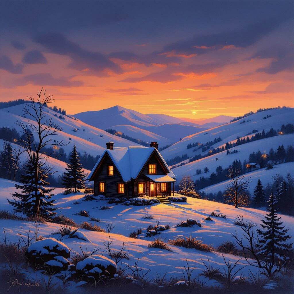 Rustic Cottage at Dusk with Glowing Windows