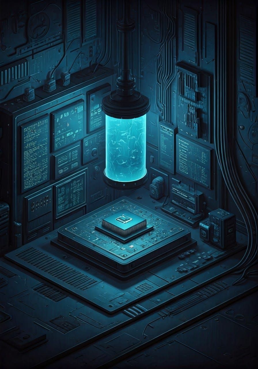 Cyberpunk Hacker in Dark Tech Laboratory