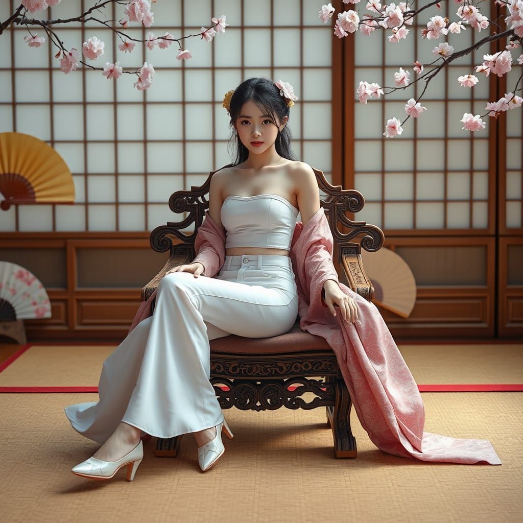 Geisha in Modern Attire with Cherry Blossoms