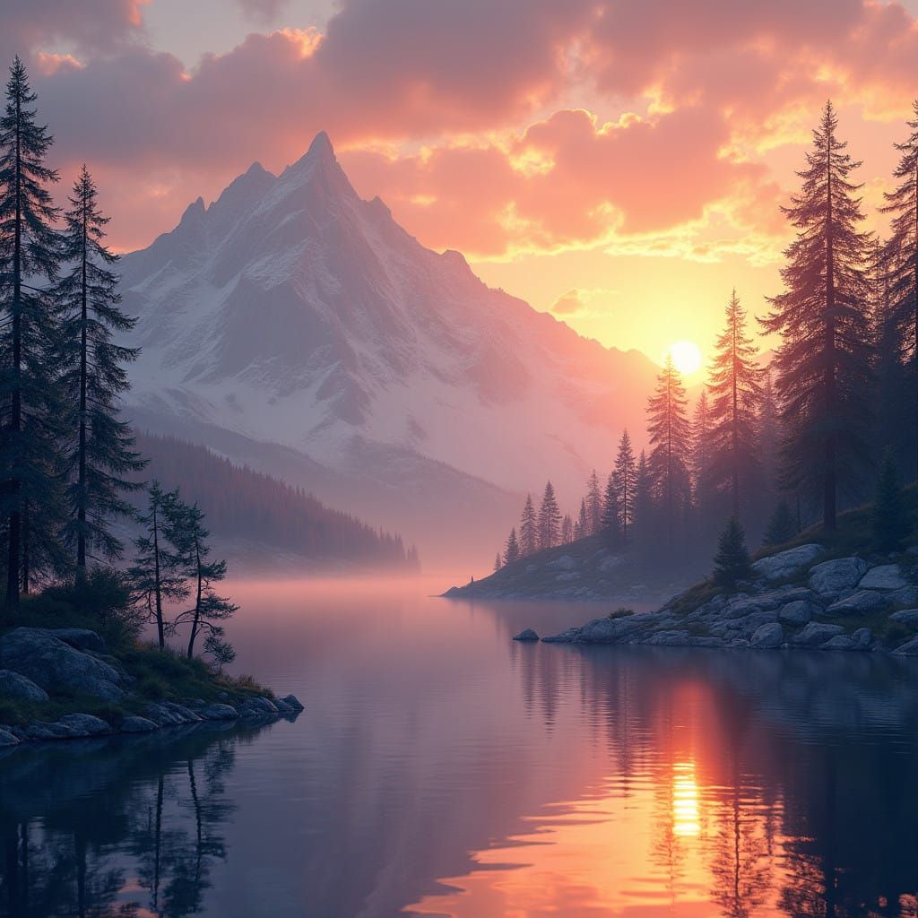 Surreal Mountain Landscape in Warm Golden Light