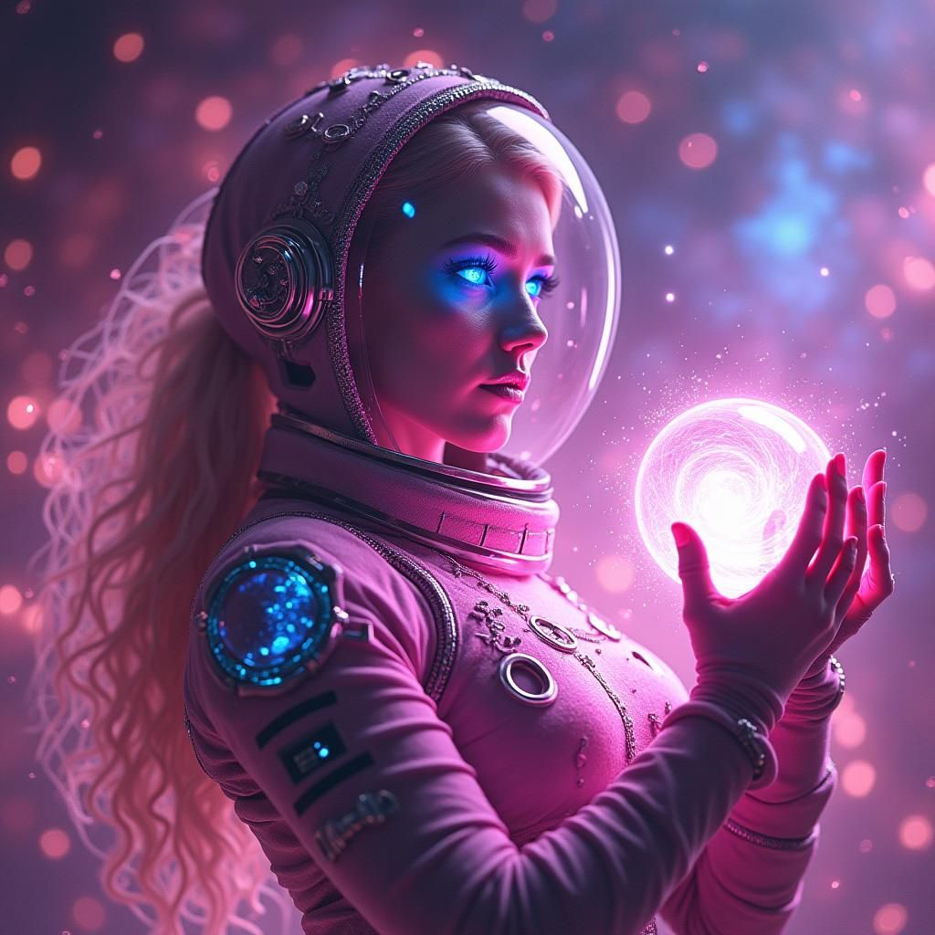 Retrofuturistic Woman Holds Cosmic Energy Ball