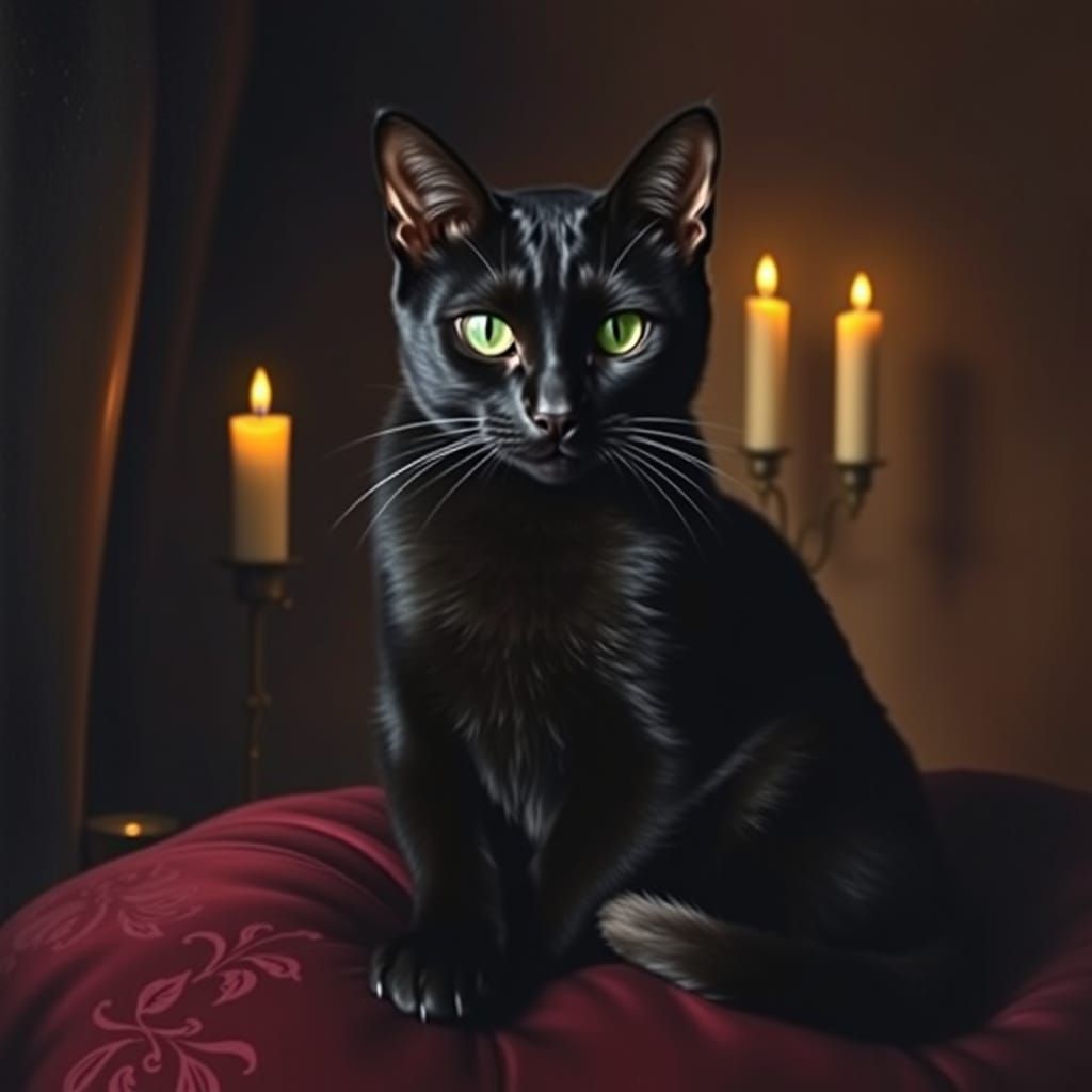 Black Cat on Velvet Cushion in Candlelight Oil Painting