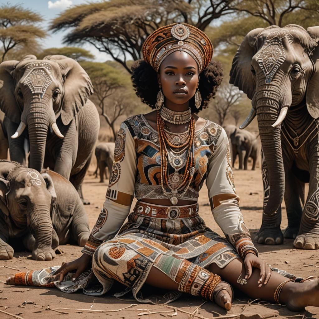 African Woman with Elephants in Hyper-Realistic Style