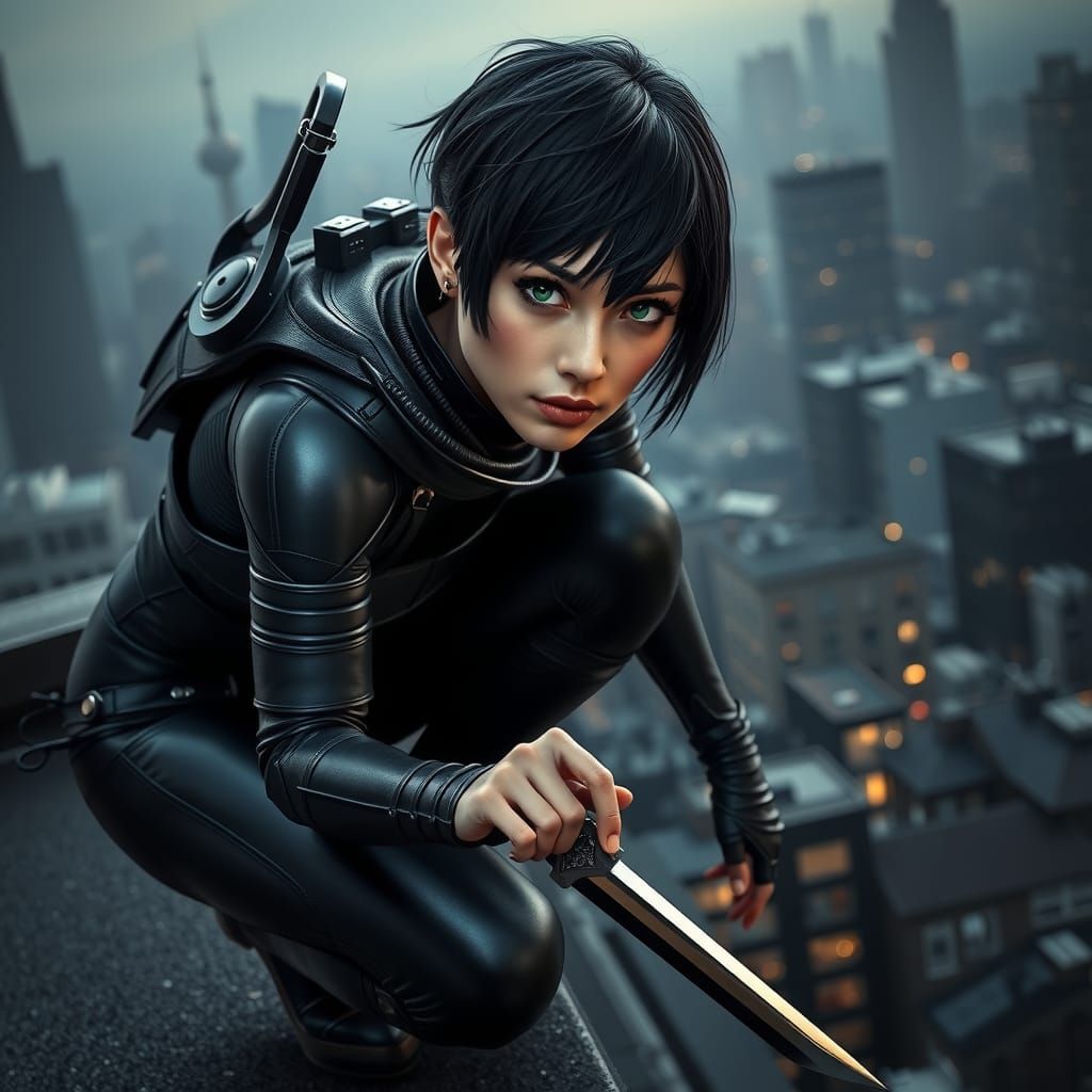 Stealthy Woman on Rooftop in Cinematic Style