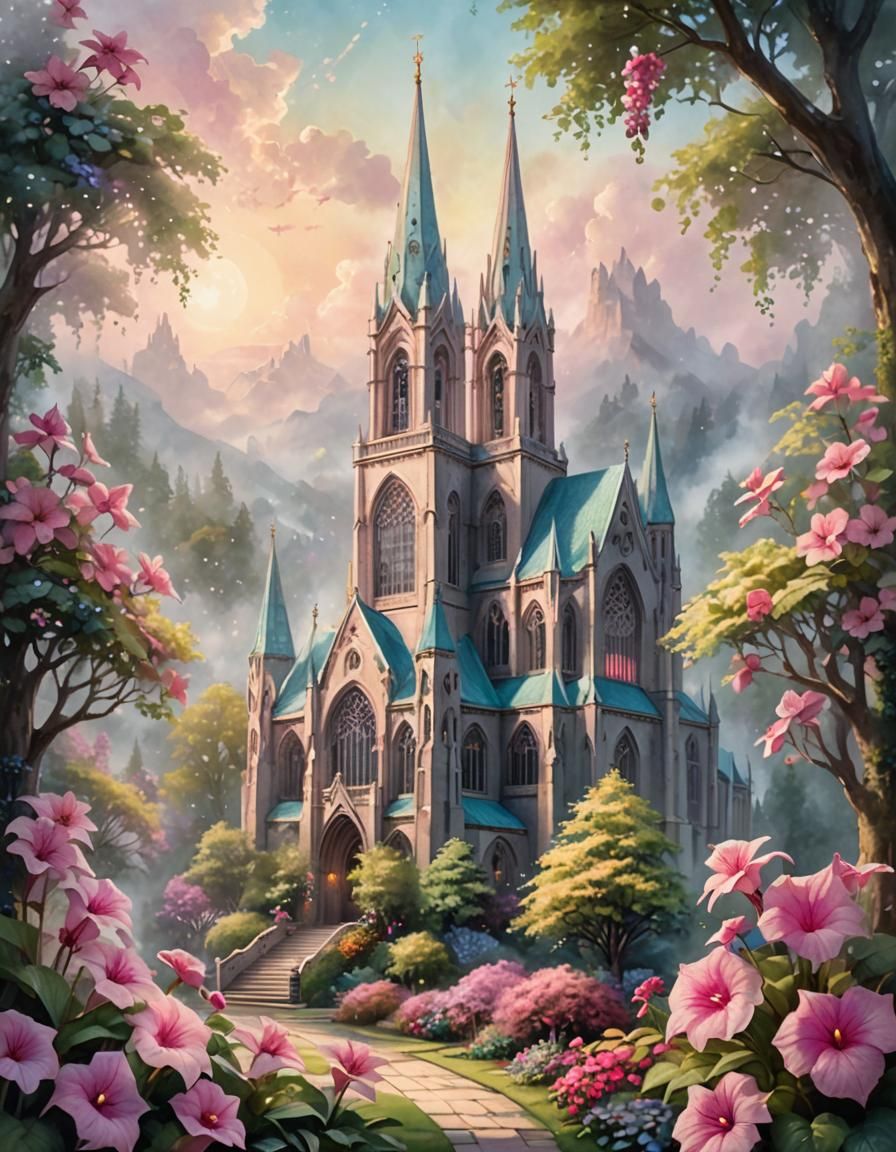 Fantasy Cathedral with Pink Gloxinia in Watercolor Style