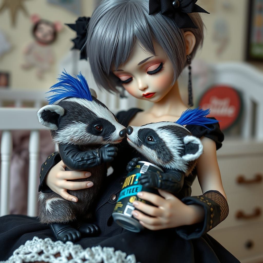 Maternal Gothic Badger Scene with Punk Baby
