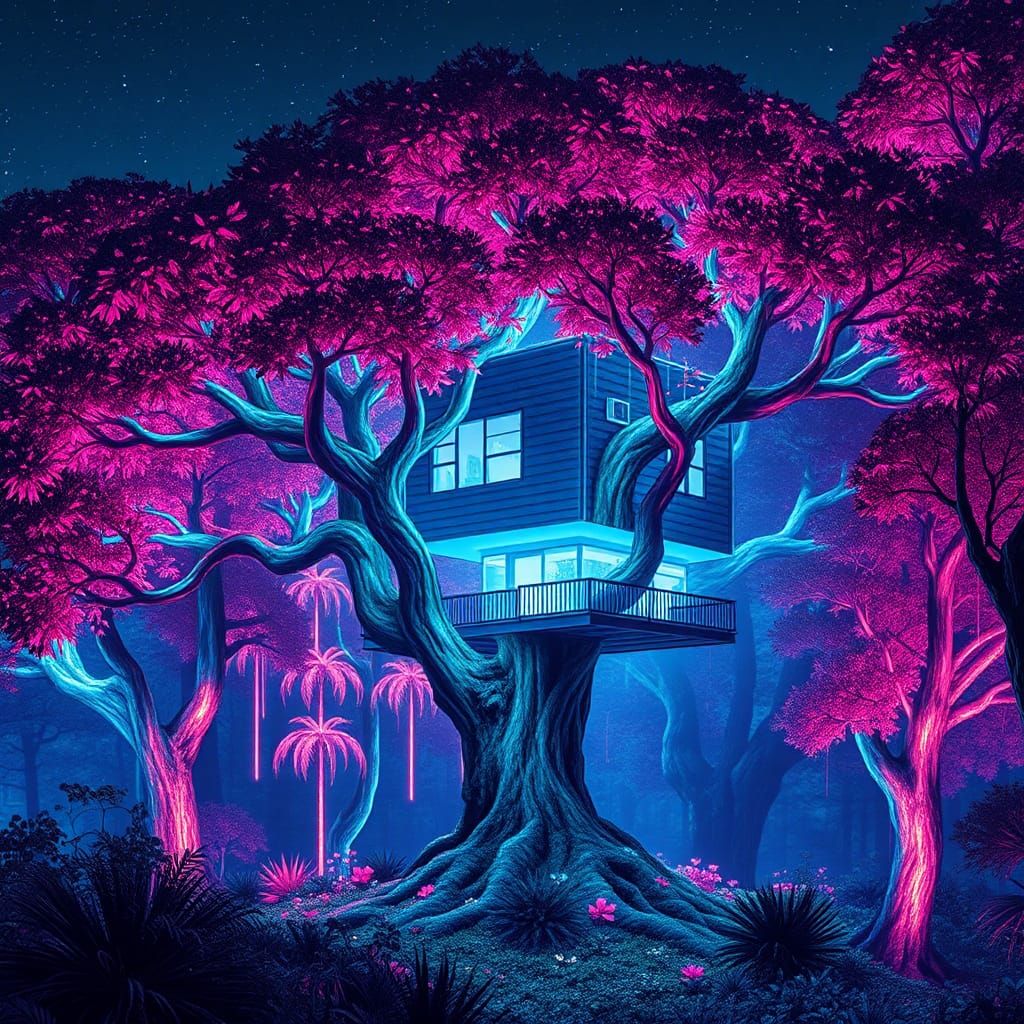 Neon Treehouse in Glitch-Art Forest: Retro-Futurism