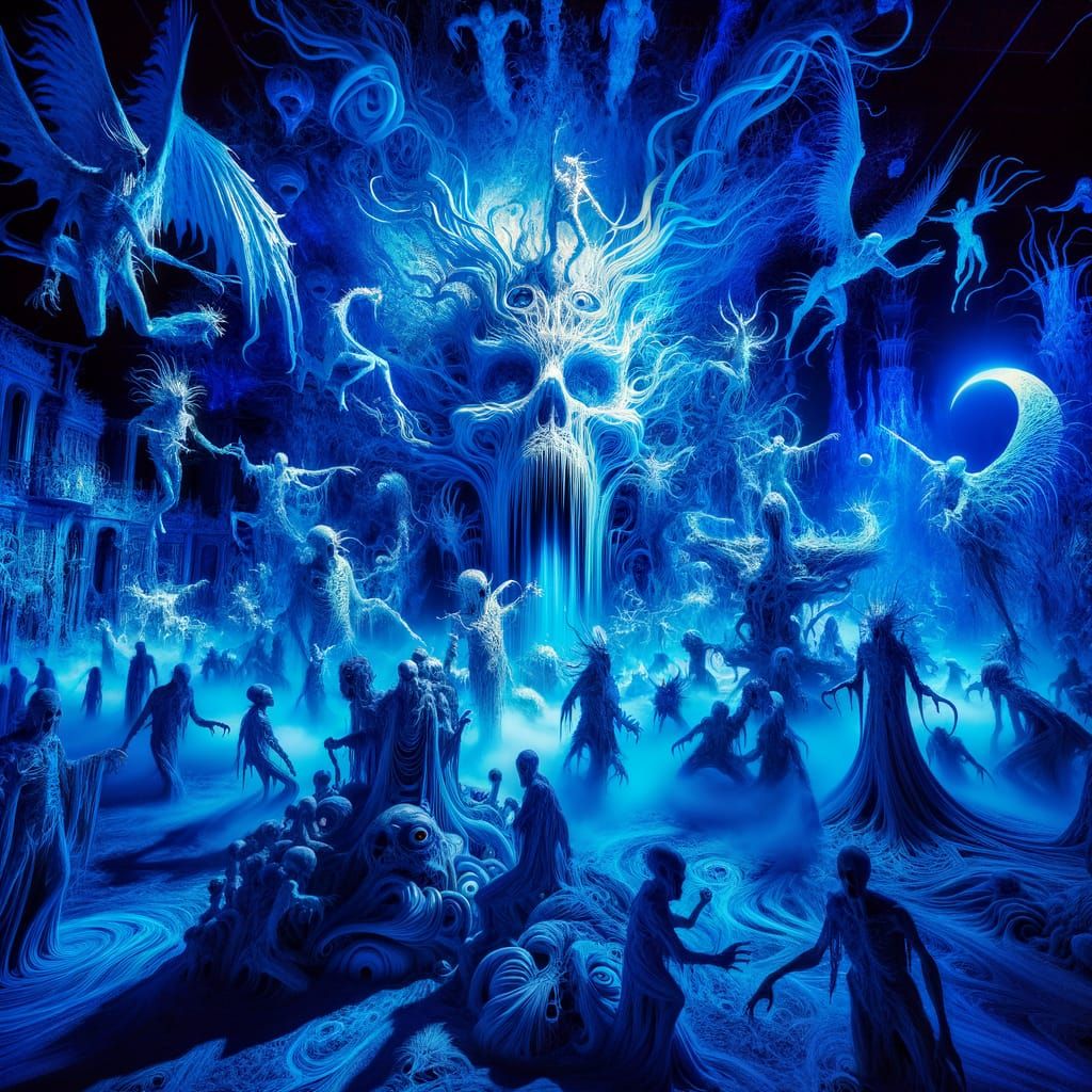 Surreal Blue Nightmare Explosion of Strange Creatures