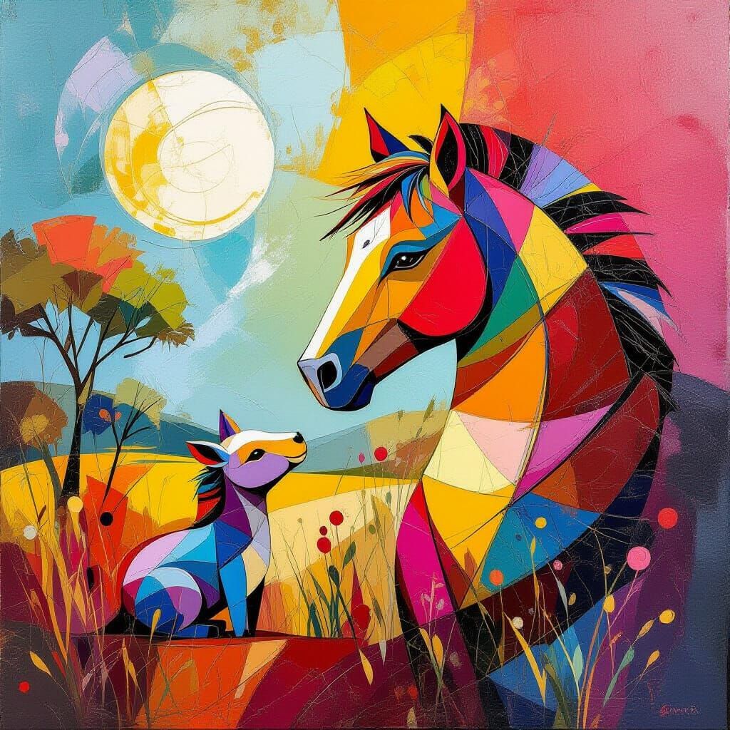 Baby Elephant Embraces Mother on Savannah, Abstract Art