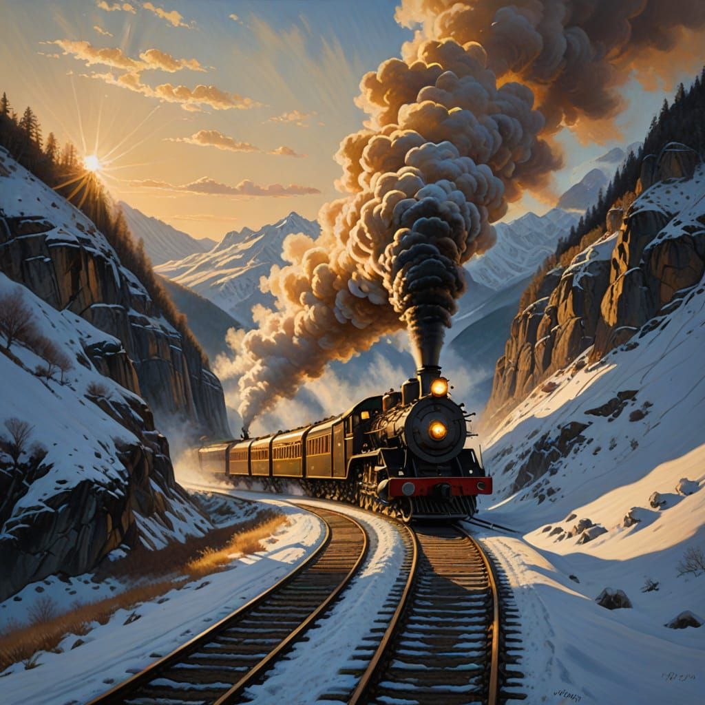Classic Steam Train Through Snowy Mountain Pass