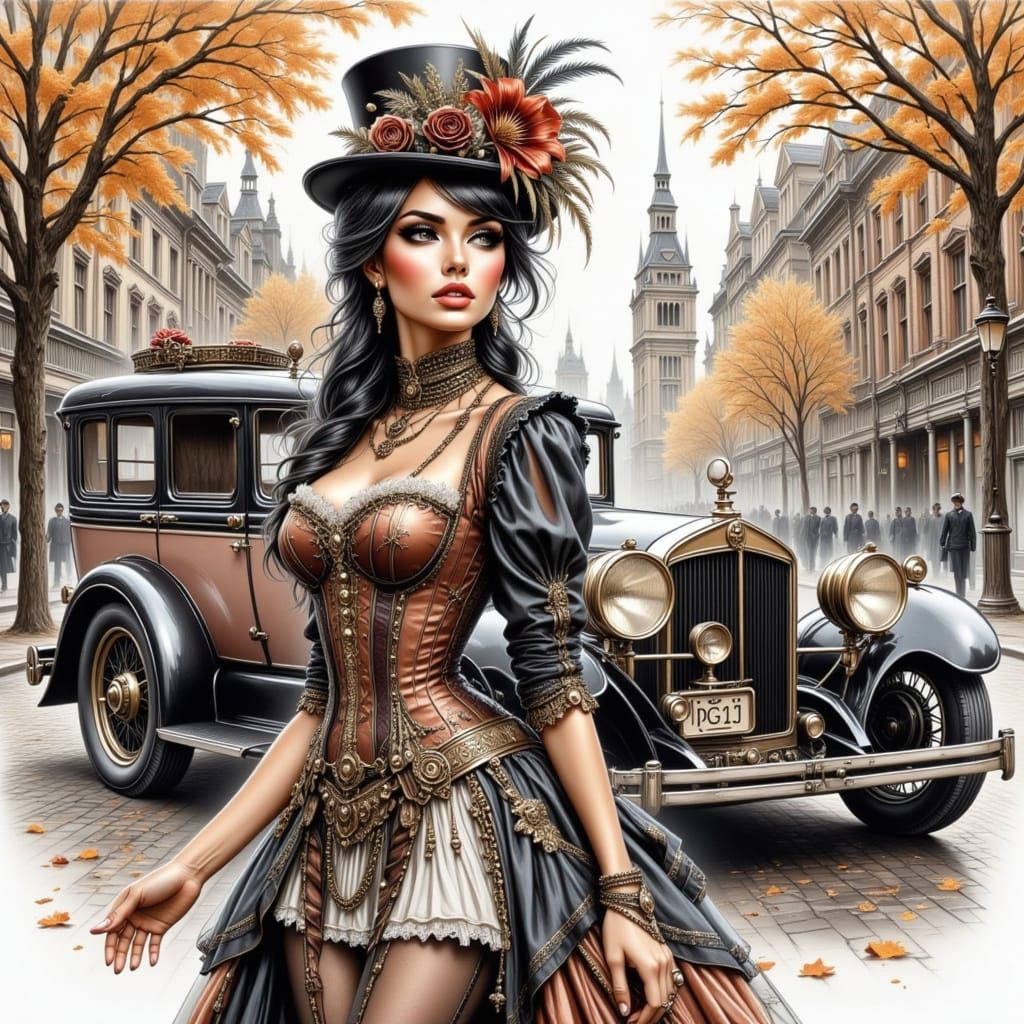 Steampunk Girl in Autumn Cityscape as Watercolor Gouache