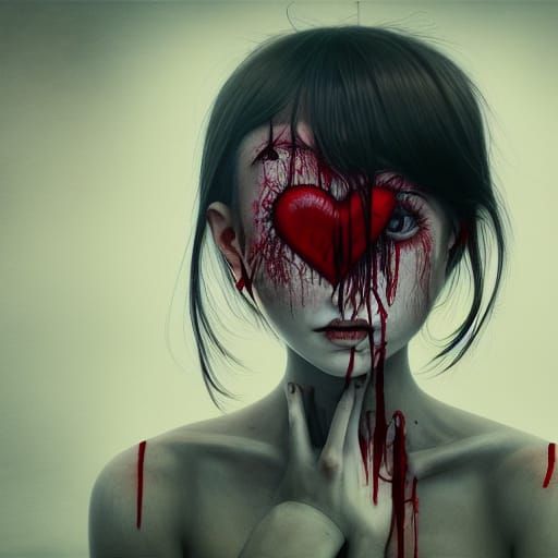 Bloody Heart Crying Girl Digital Illustration