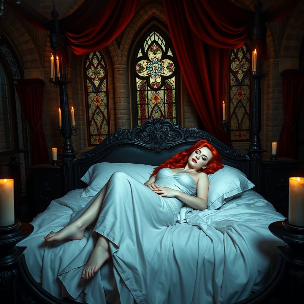 Vampire Woman Sleeping in Gothic Chamber