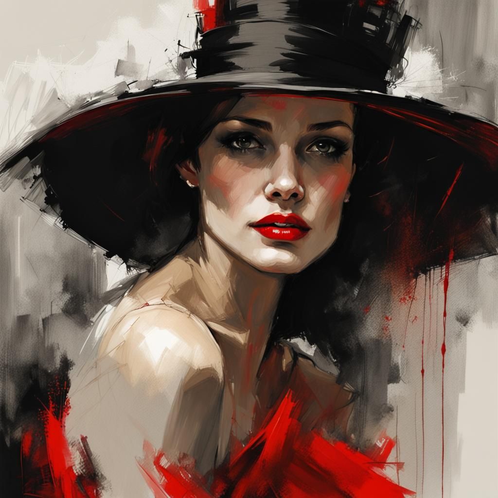 Elegant Woman with Red Hat in Impasto Style