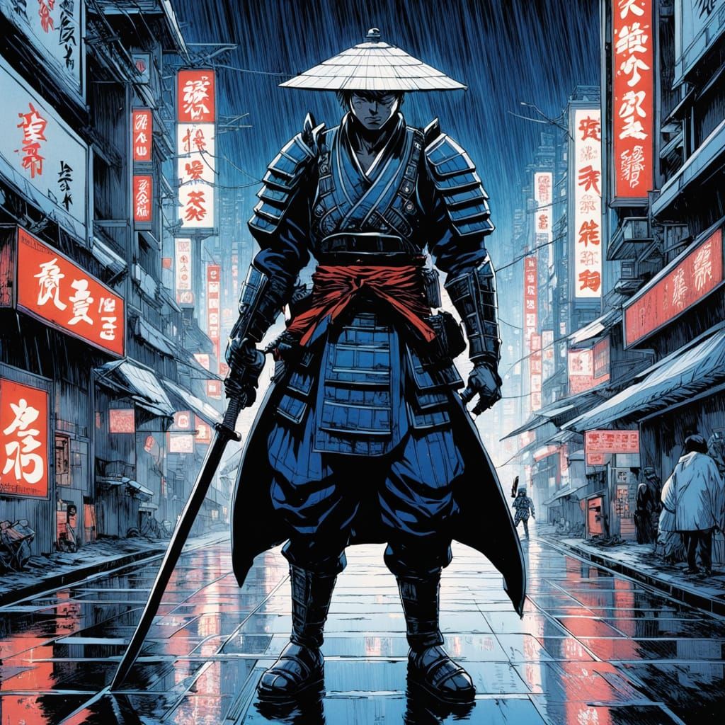 Cyberpunk Samurai on Neon Tokyo Street