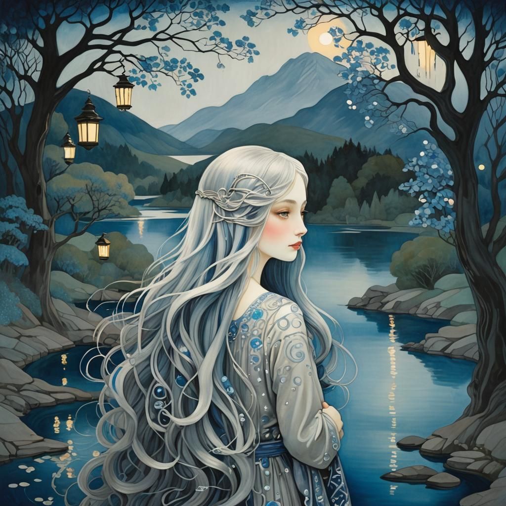 Magical Lakeside Scene in Decorative Style