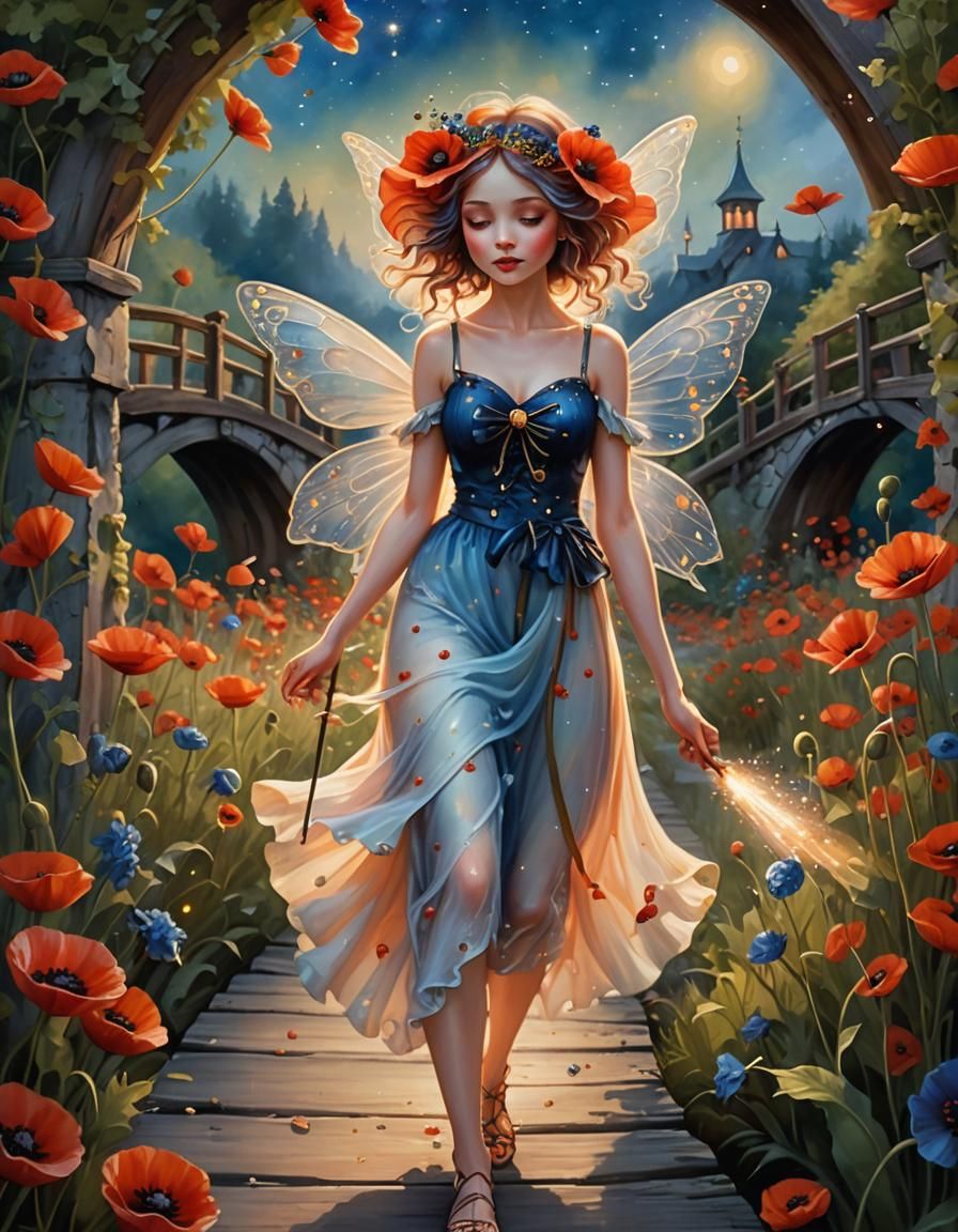 Beautiful Fairy on Poppy Bridge, Fantasy Concept Art