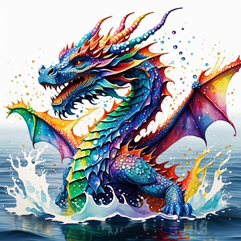 Colorful Water Dragon in Ocean, Watercolor Splash Art