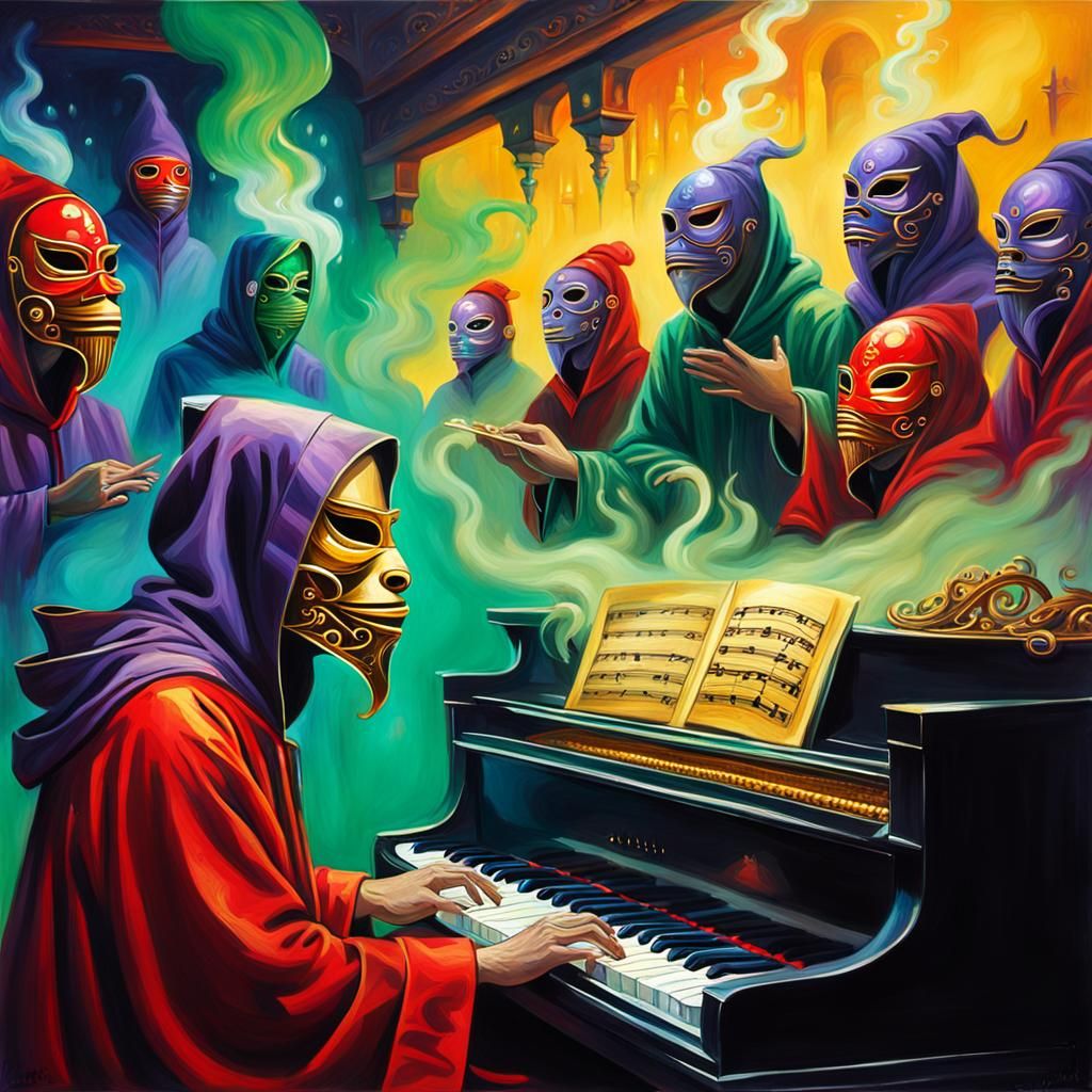 Mystic Surrealism: Pianoforte Player in Crowded Restaurant