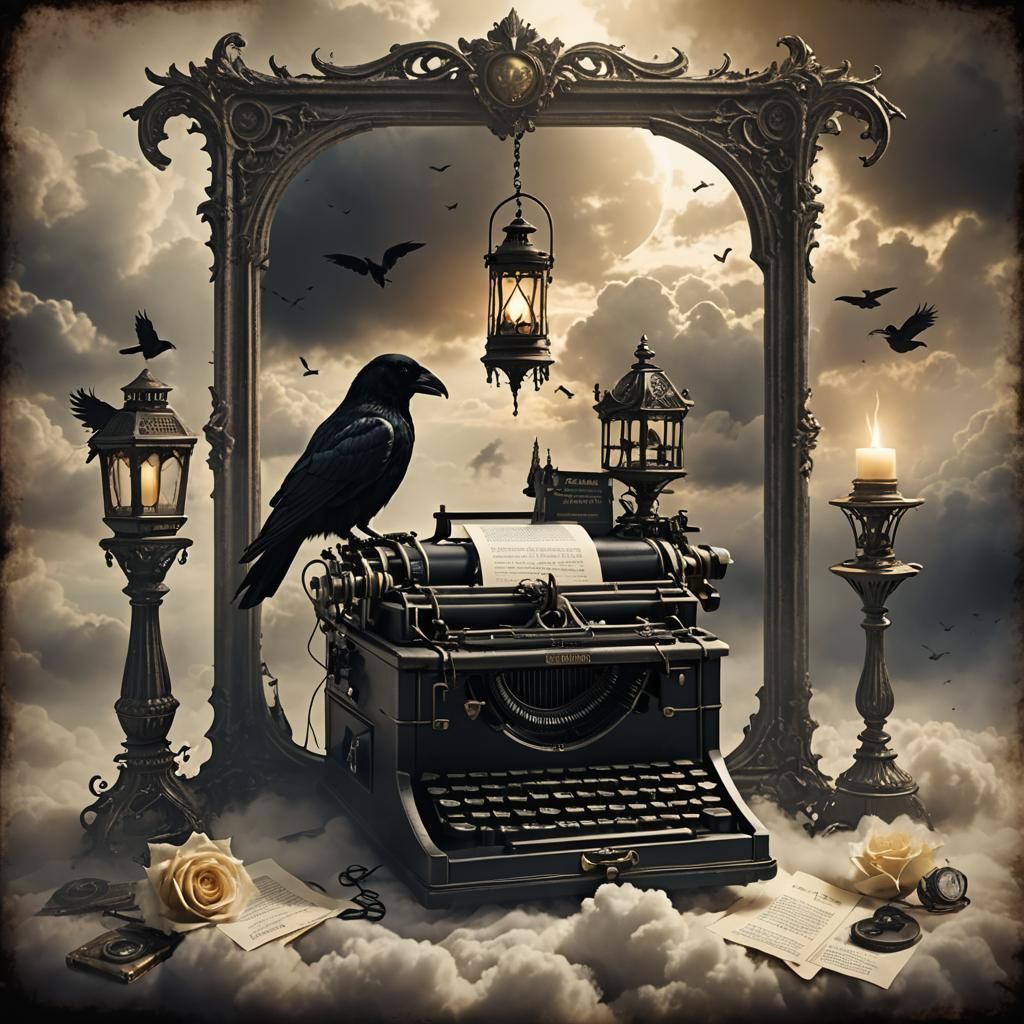 Gothic Album Cover with Raven and Typewriter