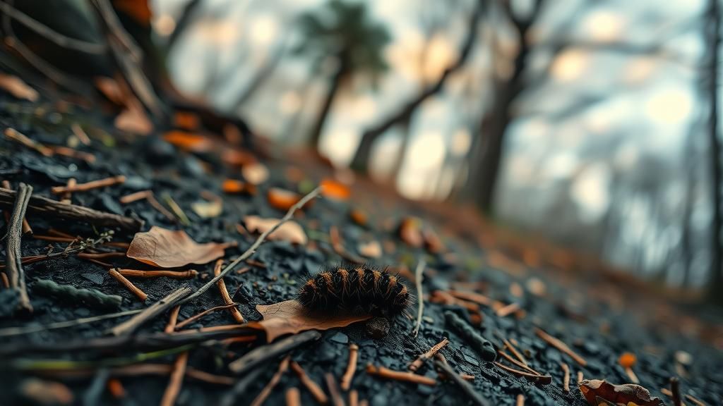 Pine Caterpillar Crawling on Forest Floor in HDR