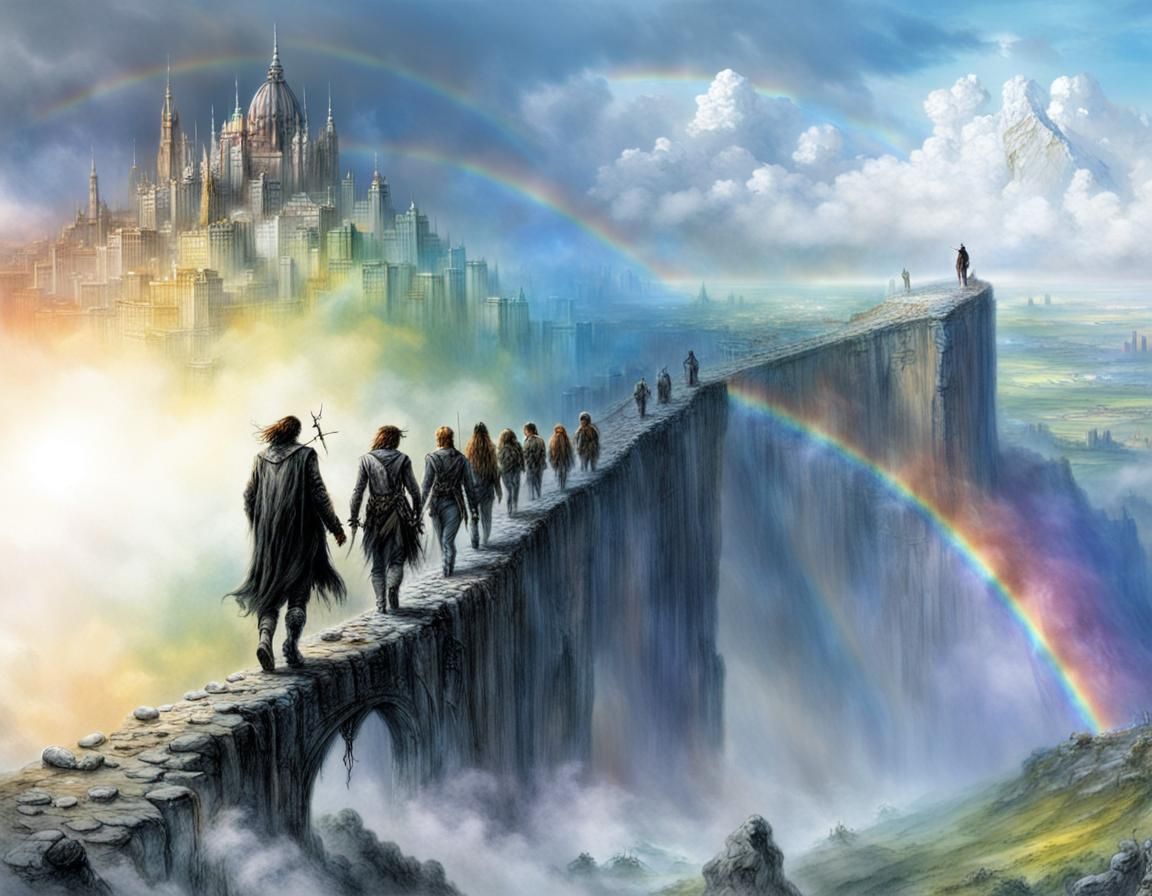 People Walk to Heavenly City in Comic Art Style